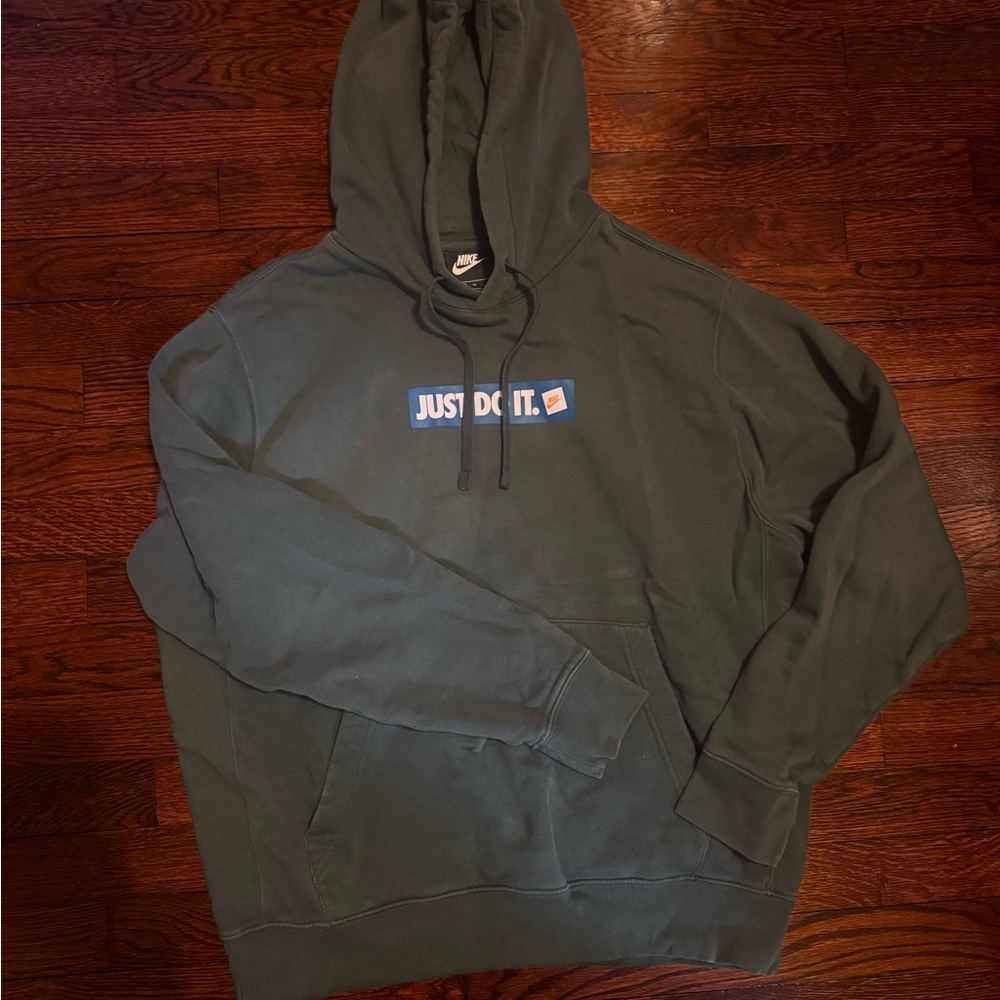 Nike Men's Olive Hoodie with Blue Accents